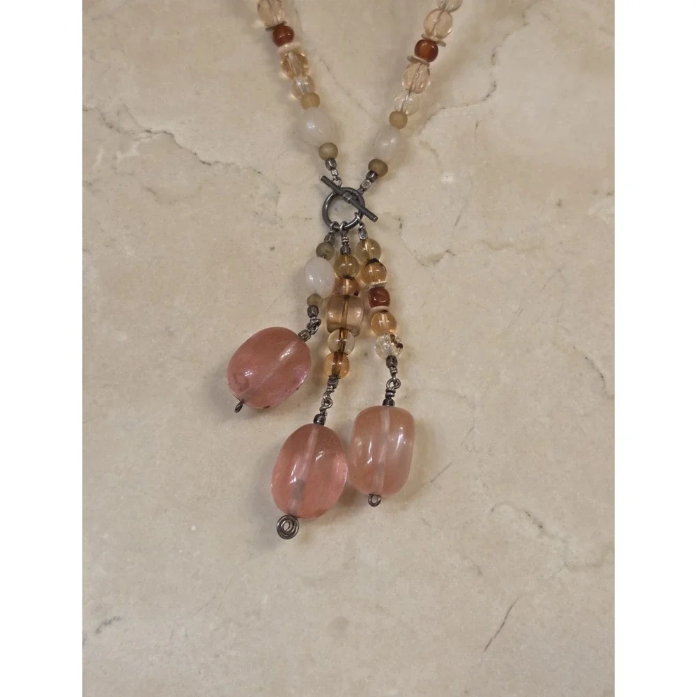 Stunning Vintage Pink Quartz Sterling Silver‎ Lariat Necklace Toggle Clasp 28.5